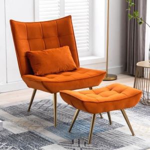 Wahson Fauteuil Scandinave en Velours Fauteuil Salon avec Repose-Pieds Fauteuil Relaxation Rembourés pour Salon ou ChambreOrange