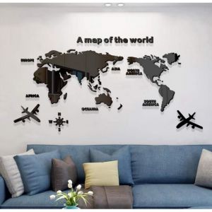 3D DIY Carte du Monde Stickers Muraux en Acrylique  Adh&eacute;sif Effet Miroir  D&eacute;coratif Chambre