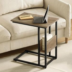 Table dAppoint en Forme de C - WOLTU Bout de Canapé - Bois et Métal - Chêne Gris W0ATT0923