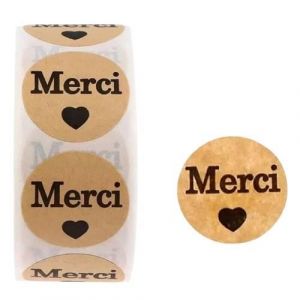 50 Etiquettes Ronde Autocollantes Stickers Kraft Motif Merci Emballage Cadeau Remerciement en français