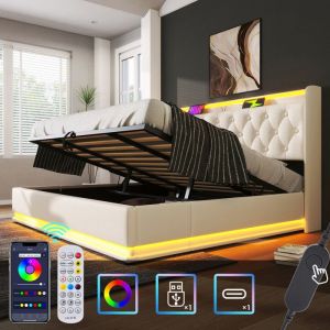 Lit coffre double 180x200 - MARQUE - LED 360° - Tête de lit USB-C - Simili cuir blanc - Télécommande