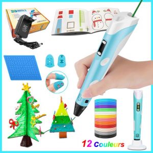 Stylo 3D Bleu pour Enfant Professionnel avec 12 couleurs de Filament PLA 1.75mm  avec Livre de Dessin 3D et Prot&egrave;ge-doigts