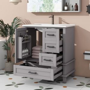 Meuble de Salle de Bain 76 cm avec Vasque C&eacute;ramique 3 Tiroirs et Rangement de Porte