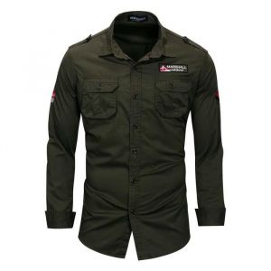 Chemise Homme en Coton Militaire Manche Longue Casual Chemise Avec Poches Couleur Unie - Vert militaire