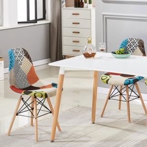 Lot de 2 chaises de salle &agrave; manger en tissu tulipe patchwork &ndash; Style Eiffel vintage pieds en bois &ndash; Salle &agrave; manger et cuisine