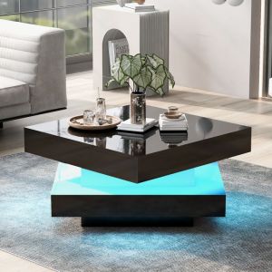 Table basse 70x70x36 cm carr&eacute;e 360 degr&eacute;s rotative avec &eacute;clairage LED bois et panneaux d&eacute;riv&eacute;s noir