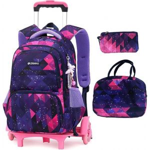 3pcs Cartable Scolaire à roulettes Filles Trolley Enfant Fille Sac à Dos roulettes Filles Primaire Sac Cabine Voyage Fille Violet