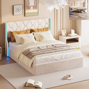 Lit Coffre 160x200cm avec LED Lit 160x200 avec Rangement Lit Capitonn&eacute; avec sommier &agrave; Lattes Velours sans Matelas Beige