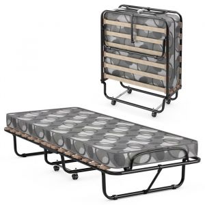 Lit Pliant 1 Personne Adulte 190 x 80 cm COSTWAY Matelas en Mémoire 65 cm Charge 130 kg 4 Roulettes Sommier à 15 Lattes Gris
