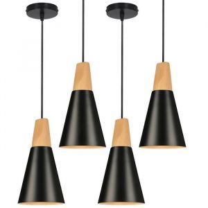 Suspension Lustre Design en Fer et Bois 14cm - WOTTES - Noir - 4 Ampoules - 40W - E27