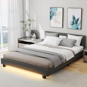 Lit Double 140 x 200 CM COSTWAY en Simili Cuir Bandes LED T&ecirc;te de Lit Sommier &agrave; Lattes en Bois Lit Adulte Charge 300 kg Gris