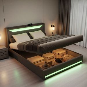 Lit coffre 140x200 cm - Lit 140x200 cm - Coffre de rangement et LED int&eacute;gr&eacute;e - Tissu lin gris - Sommier - USB - Lit 2 personnes