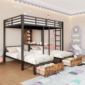 Lit superpos&eacute; enfant 3 places 140/90x200cm lit jeune lit adulte avec 2 tiroirs 4 &eacute;tag&egrave;res et s&eacute;parateurs structure m&eacute;tal noir