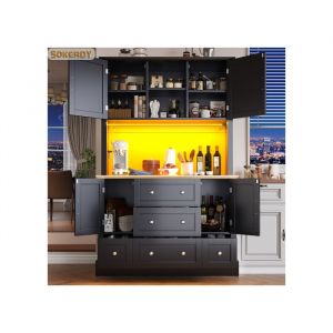 SOKERDY Buffet Cuisine Meuble Haut Cuisine 4 Portes 5 Tiroirs 3 Compartiment Ouverts &Eacute;clairage LED Contr&ocirc;le APP 115x40x180cm