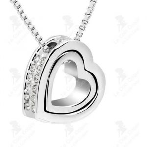 LCC® Collier argent femmes filles- Double coeur- Bijoux fantaisie-Cristal Swarovski & diamants en strass Plaqué Or Blanc cadeau