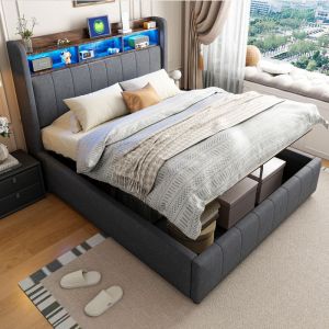Lit coffre 140×200cm - OKWISH - Lit adulte avec LED et prise USB tête de lit de rangements et sommier - Lin gris (sans matelas)