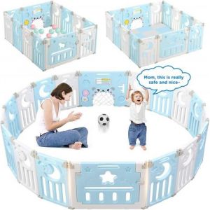 Parc Bébé Barrière Sécurité Pilable Plastique Enfant Protection Porte Espace Baby 10 Éléments avec 2 Panneaux d’Activité Porte Bleu