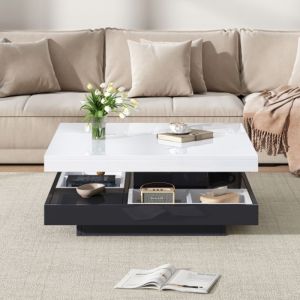 KoDise Table basse pivotante Table basse de salon - avec compartiments de rangement - plateau blanc et base noire