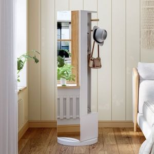 Porte-manteau de sol avec miroir pivotant Armoire &agrave; bijoux avec 2 tiroirs et 4 crochets rotative &agrave; 360&deg; 160x45 Blanc