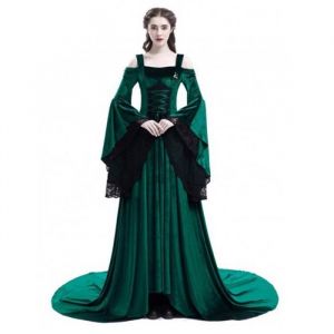 Medieval Lace Epaule Nu Robe de Soiree Deguisement Reine Longue Robe avec Manches Flares FBC03 Vert