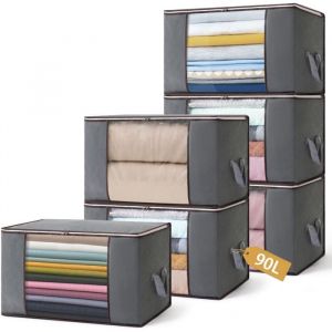 6pc Sac de Rangement Vetement 90LBoite Rangement sous Lit avec Poign&eacute;e pour Couette V&ecirc;tementsCouverturesCouettesCaisse Rangement