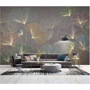 Papier Peint Panoramique Chambre À Coucher Salon Feuille De Ginkgo DArt Géométrique DOr 300x210cm 3D Soie Poster Geant Mural