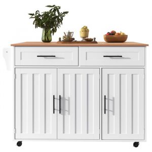 desserte &Icirc;lot de Cuisine avec Rangement Tiroir et Plateau Pliant Structure MDF Table Roulante 129 x 71 x 915 cm Blanc