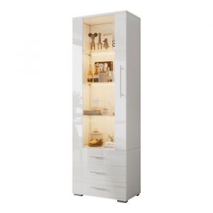 Vitrine blanc brillante vitrine en verre vitrine sur pied avec éclairage LED vitrine verticale avec 3 tiroirs 60 x 35 x 180 cm