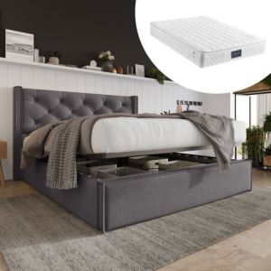 Ensemble LIT + MATELAS (140x200cm) Lit coffre double avec structure métal sommier à lattes Gris