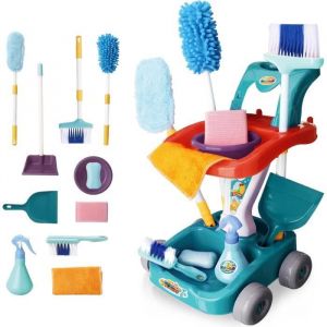 Kit de nettoyage pour enfants 22 pi&egrave;ces Chariot de m&eacute;nage amovible avec balai pelle &agrave; poussi&egrave;re vaporisateur Outils de nettoyage