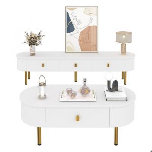 Meuble TV avec 3 tiroirs et ensemble de table basse moderne combinaison pour le salon coins arrondis Armoires de rangement