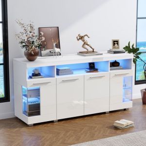 Buffet moderne Buffet bahut eclairage LED Bahut en verre Buffet de salon avec 4 portes 3 compartiments Armoire de Cuisine