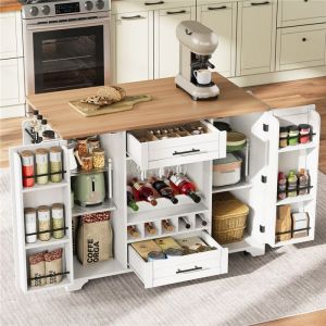 &Icirc;lot Central Cuisine avec Rangement et Plan de Travail Pliant Blanc Porte-bouteilles &Eacute;tag&egrave;res et Tiroirs 120x40(70)x93.3 cm