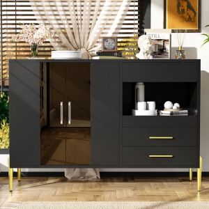 Buffet moderne avec 2 portes 4 tiroirs Buffet bas bahut Buffet de salon Panneaux de particules Meuble de rangement