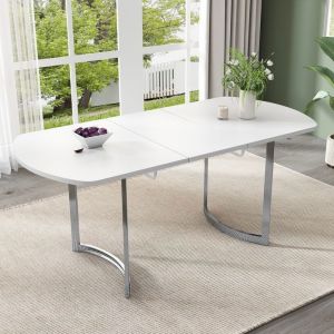 Table &agrave; Manger Extensible 140/180 cm &ndash; Blanc + Pieds M&eacute;tal Argent&eacute; &ndash; 4-6 Personnes &ndash; Structure Alliage Haute R&eacute;sistance