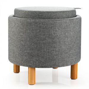COSTWAY Pouf Rangement Rond avec Plateau Tissu PE Pieds en Bois Patins Antid&eacute;rapants pour Salon Chambre 44&times;44&times;42 cm Gris