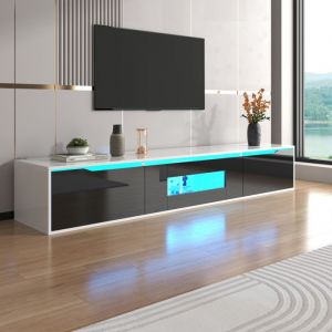 Meuble TV laqu&eacute; brillant coloris noir et blanc avec &eacute;clairage LED 3 portes meuble de salon 180 x 35 x 30 cm