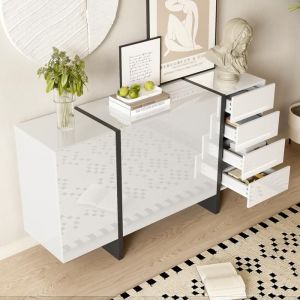 Buffet bas - Non spécifié - Blanc laqué brillant - 2 portes - 4 tiroirs - Design moderne épuré