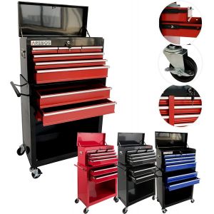 AREBOS Servante d’atelier 9 tiroirs  Coffre à outils mobile verrouillable  Acier robuste  Roues avec frein – Noir/Rouge