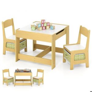 COSTWAY Ensemble Table et 2 Chaises pour Enfant en Bois Tableau Transformable avec Chaise Fonction de Stockage Vert