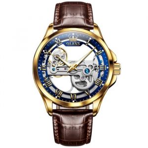 Montre homme de marque de luxe automatique m&eacute;canique cadran transparent personnalis&eacute; bracelet en cuir marron chiffres romains