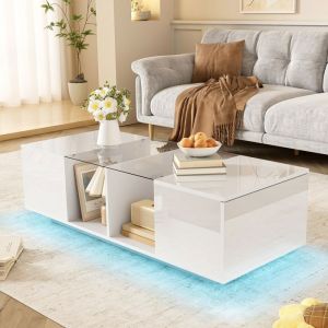 Table basse Maisentiel design moderne blanc laqu&eacute; avec plateau en verre et &eacute;clairage LED 16 couleurs 120x50x385 cm