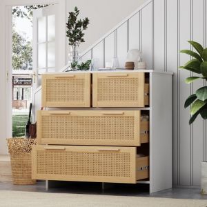 Meuble de Rangements en Rotin de Haute Qualit&eacute; 80&times;80&times;38cmPoign&eacute;es en Bois MassifAvec TiroirsNaturel&Blanc