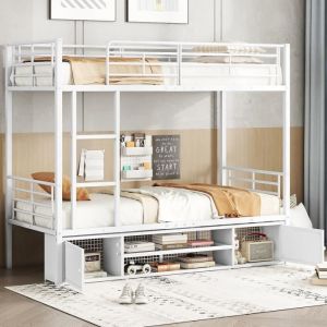 Lit superposé - Blanc - 90x200cm - Métal - Armoire à chaussures - 2 places