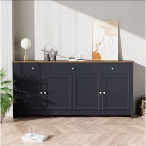 Buffet Moderne Buffet Bas Buffet Bahut avec 3 tiroirs et 4 portes Meuble de Rangement Buffet de Cuisine160x37x75 cm Noir+Gris