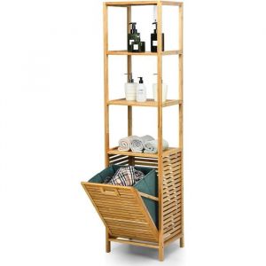 COSTWAY Colonne Salle de Bain avec Panier à Linge Basculant et 3 Etagères de Rangement Meuble en Bambou et Toile dOxford