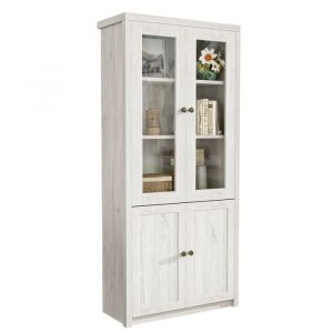 Buffet blanc bahut haut bois -avec portes vitr&eacute;es 2 portes en bois -Meuble rangment dEntr&eacute;e et Salon - 80x34x171 cm
