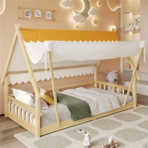 Lit cabane enfant 90x190 bois massif Lit au sol avec tente amovible sommier et barrière pour bébé fille garçon bois naturel