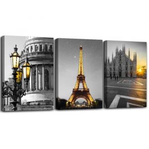 Toile murale avec cadre pour salon cuisine décoration murale en forme de tour Eiffel jaune 30×40x3 Peut être accroché directement