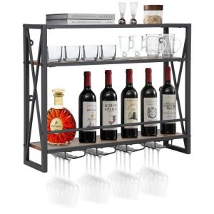 COSTWAY Casier à Vin Mural Industriel à 3 Niveaux avec Porte-gobelet en Métal Étagère de Rangement pour Cuisine Bar Salle à Manger